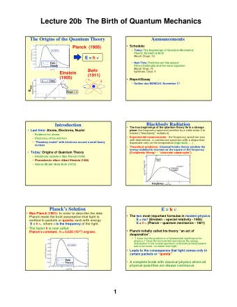 Lecture 20b  The Birth of Quantum Mechanics  The Origins of the Quantum Theory  Announcements