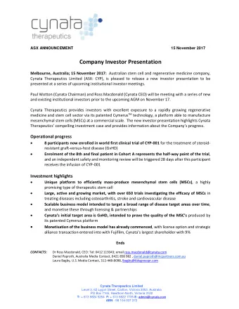 Company Investor Presentation Melbourne, Australia; 15 November 2017: Australian stem cell and