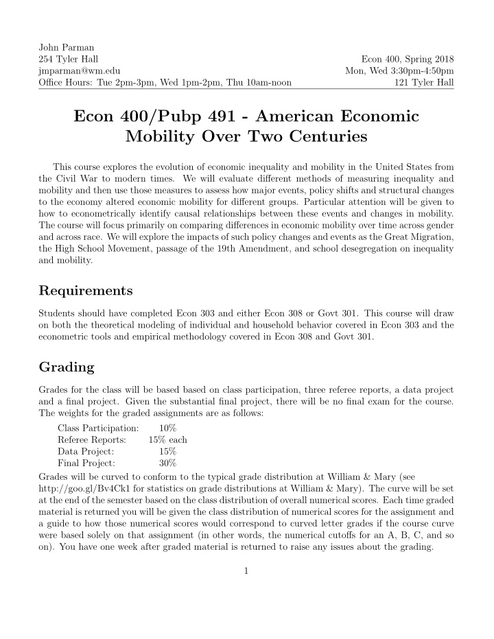 econ 400 pubp 491 american economic mobility over two