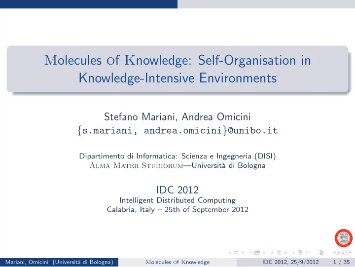 m olecules o f k nowledge self organisation in knowledge