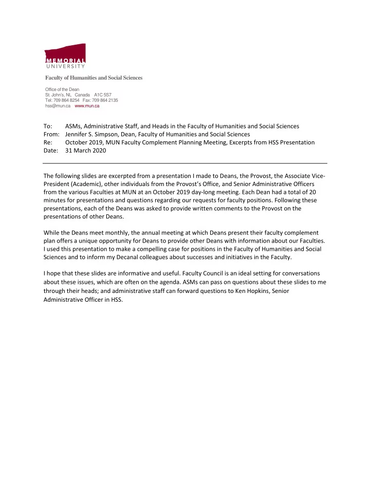 to asms administrative staff and heads in the faculty of