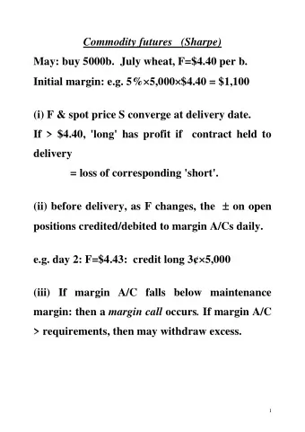 Commodity futures   (Sharpe)  May: buy 5000b.  July wheat, F=$4.40 per b. Initial margin: e.g. 5%