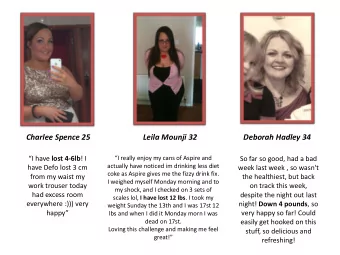Charlee Spence 25  Leila Mounji 32 Deborah Hadley 34 I hae lost 4-6lb ! I  I really