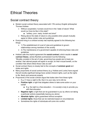 Ethical Theories  Social contract theory  Modern social contract theory associated with