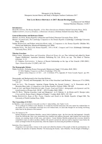 T HE L ATE R OMAN R EPUBLIC IN 2017: Recent Developments  Lea Beness &amp; Tom Hillard  National