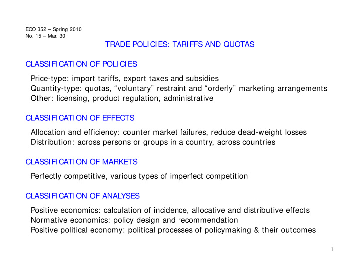 trade policies tariffs and quotas classification of