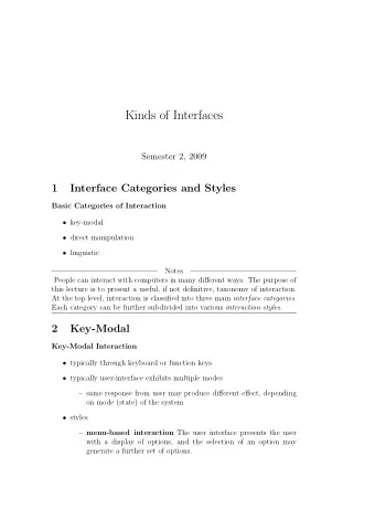 Kinds of Interfaces  Semester 2, 2009  1  Interface Categories and Styles  Basic Categories of