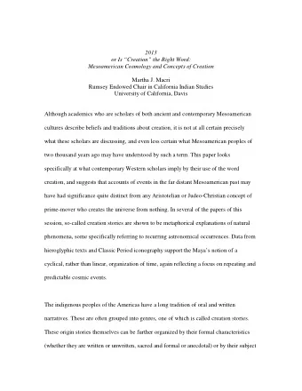 2013  or Is Creation the Right Word:  Mesoamerican Cosmology and Concepts of Creation  Martha