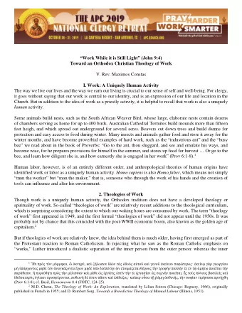 Work While it is Still Light (John 9:4)  Toward an Orthodox Christian Theology of Work  V.