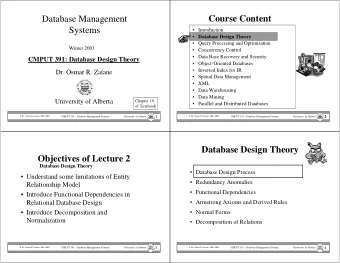 Database Management  Course Content  Systems   Introduction  Database Design Theory