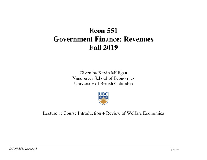 econ 551 government finance revenues fall 2019