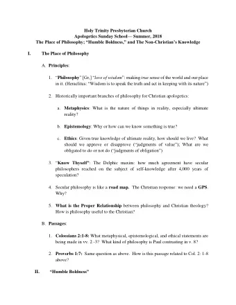 Holy Trinity Presbyterian Church Apologetics Sunday School  Summer, 2018 The Place of