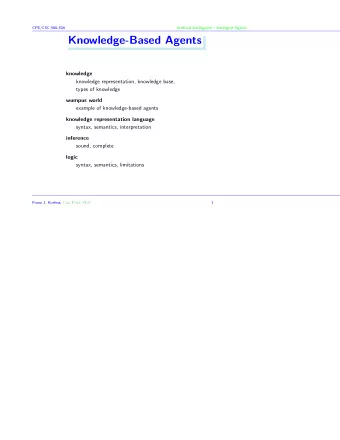 Knowledge-Based Agents  knowledge  knowledge representation, knowledge base,  types of knowledge