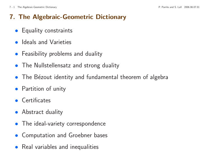 7 the algebraic geometric dictionary equality constraints
