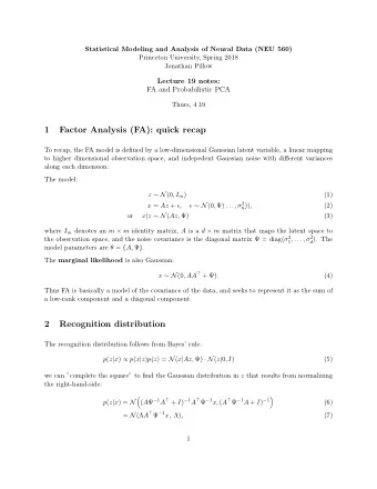 1  Factor Analysis (FA): quick recap  To recap, the FA model is defined by a low-dimensional