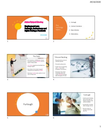 Furlough  On Saturday 31 October  2020, furlough will end.  No more claims for  furlough can