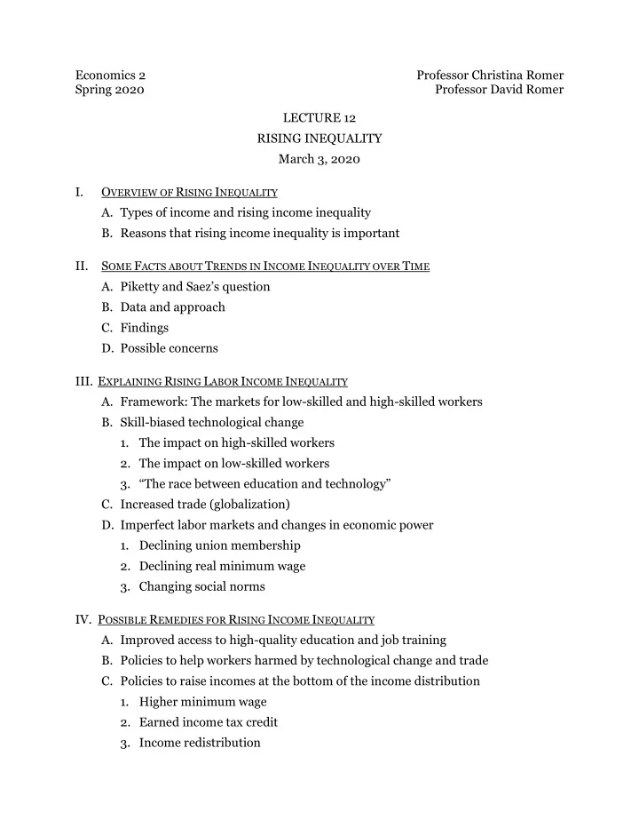 economics 2 professor christina romer spring 2020