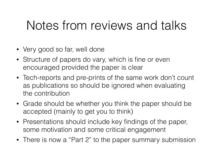 notes from reviews and talks