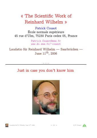 The Scientific Work of  Reinhard Wilhelm   Patrick Cousot  cole normale suprieure  45 rue
