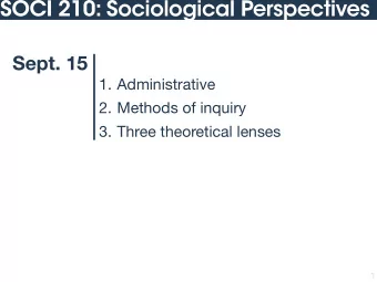 SOCI 210: Sociological Perspectives  Sept. 15 1. Administrative 2. Methods of inquiry  3. Three