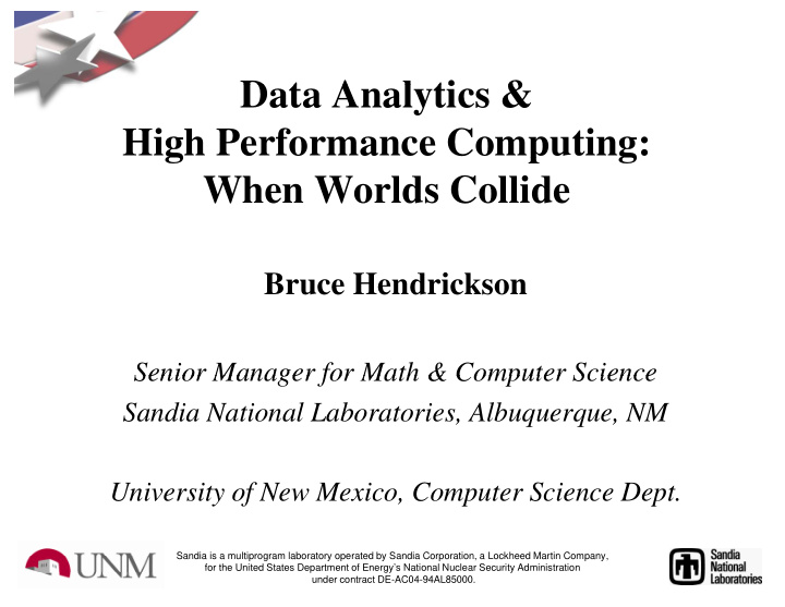 d t a data analytics l ti high performance computing g p