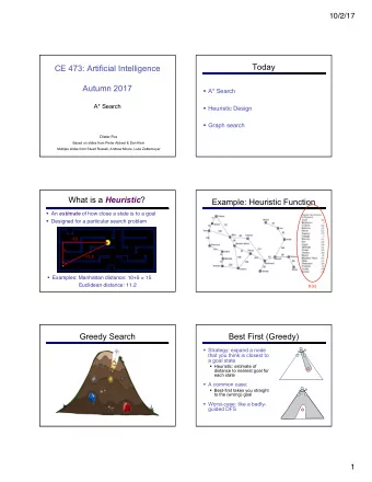 Today  CE 473: Artificial Intelligence  Autumn 2017  A* Search  A* Search  Heuristic Design
