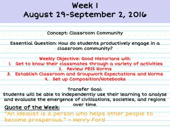 Week 1  August 29-September 2, 2016  Concept: Classroom Community  Essential Question: How do