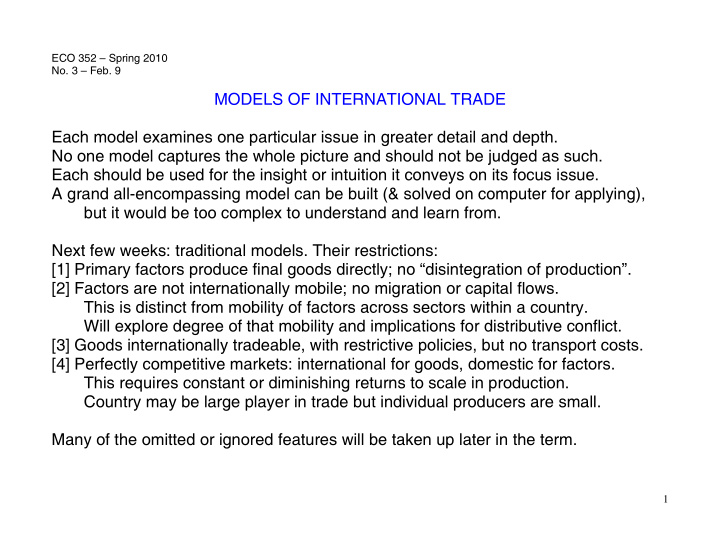 models of international trade each model examines one