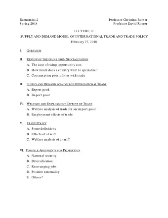 Economics 2  Professor Christina Romer  Spring 2018  Professor David Romer  LECTURE 12  SUPPLY AND