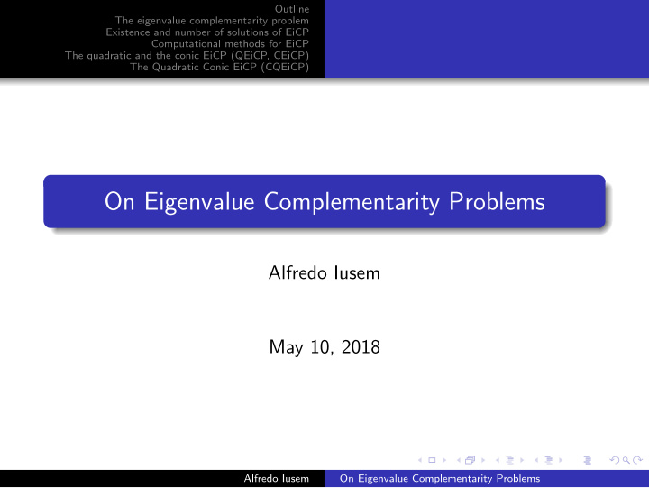 on eigenvalue complementarity problems