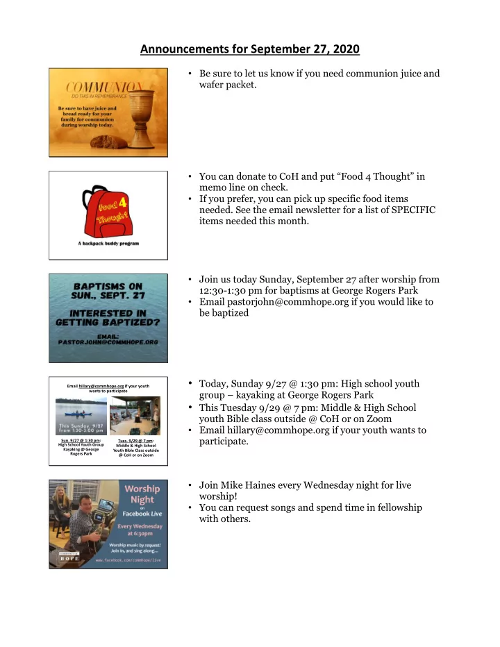 announcements for september 27 2020