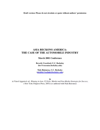 ASIA BECKONS AMERICA:  THE CASE OF THE AUTOMOBILE INDUSTRY  March 2001 Conference  Beverly