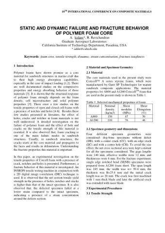 STATIC AND DYNAMIC FAILURE AND FRACTURE BEHAVIOR OF POLYMER FOAM CORE A. kidane*, R. Ravichandran