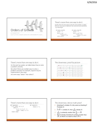 Orders of Growth  def factor_naive(N):  def factor_clever(N):  factors = []  factors = []  i = 1  i