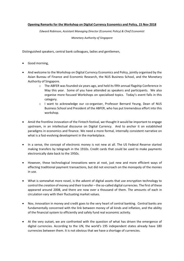opening remarks for the workshop on digital currency