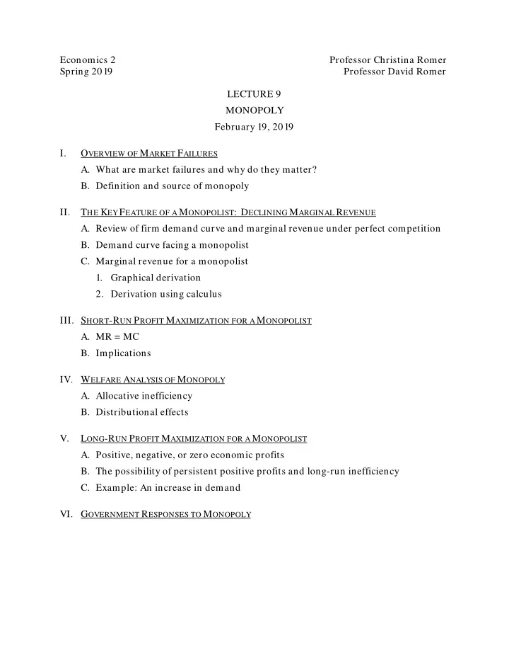 economics 2 professor christina romer spring 2019