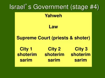 Israel  s Government (stage #4)  Yahweh  Law  Supreme Court (priests &amp; shoter)  City 1