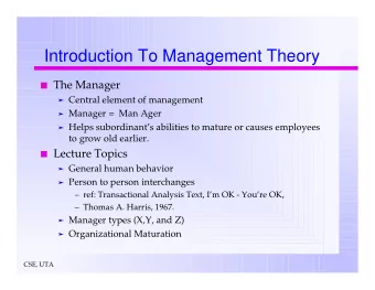 Introduction To Management Theory  The Manager  Central element of management  Manager =  Man Ager