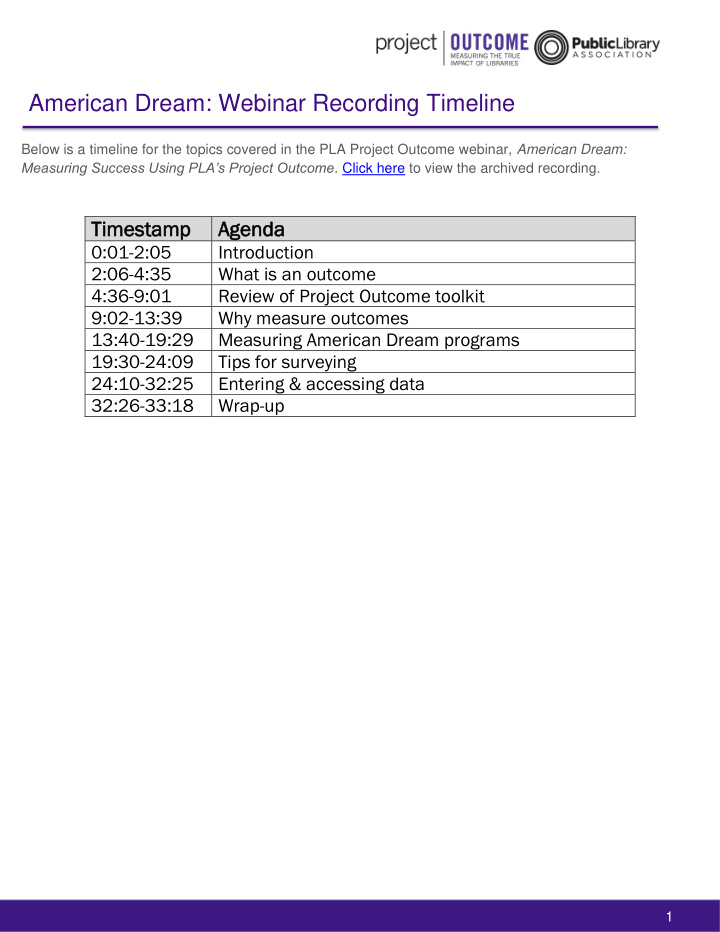 american dream webinar recording timeline