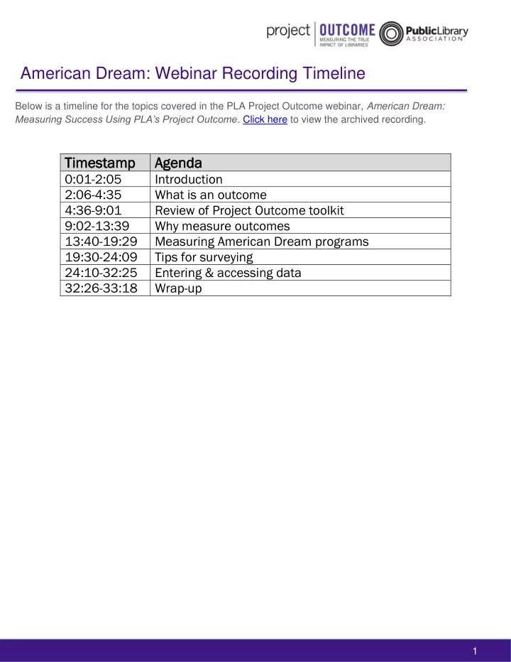 american dream webinar recording timeline