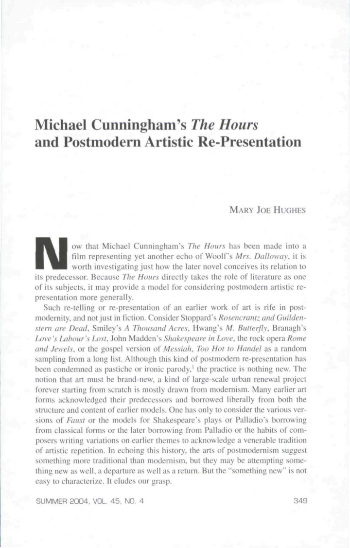 michael cunningham s the hours and postmodern artistic re