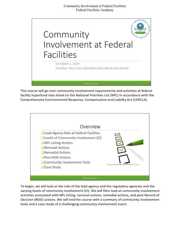 this course will go over community involvement