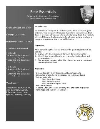 Bear Essentials Rangers in the Classroom  Presentation Lesson  Plan  3rd and 4th Grade