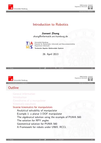 Introduction to Robotics  Jianwei Zhang  zhang@informatik.uni-hamburg.de  Universit  at Hamburg