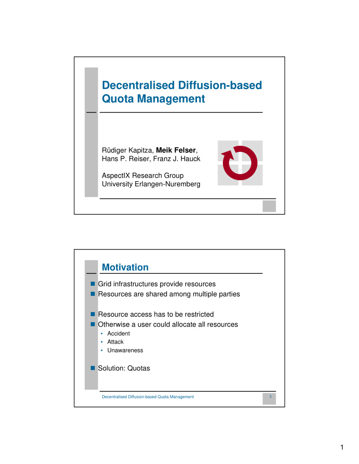 decentralised diffusion based quota management