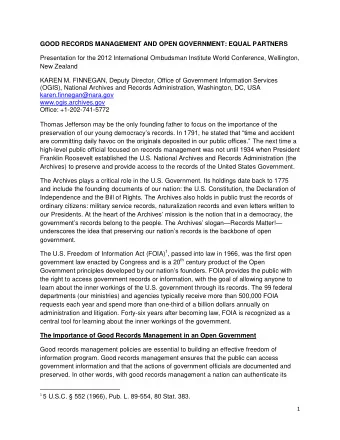 GOOD RECORDS MANAGEMENT AND OPEN GOVERNMENT: EQUAL PARTNERS  Presentation for the 2012