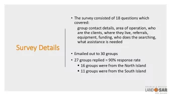 Survey Details  Emailed out to 30 groups  27 groups replied = 90% response rate  16 groups