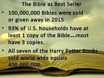 The Bible as Best Seller  100,000,000 Bibles were sold  or given away in 2015  93% of U.S.