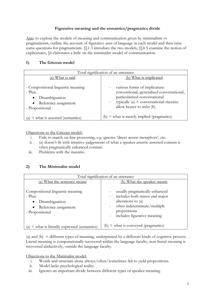 figurative meaning and the semantics pragmatics divide