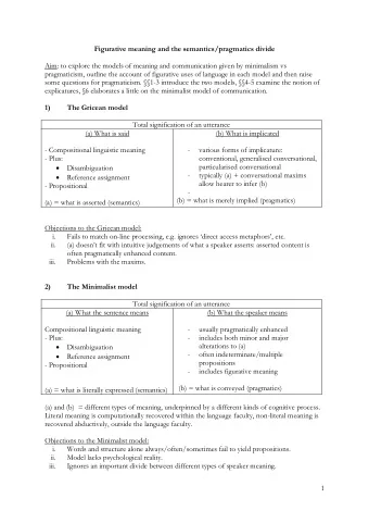 Figurative meaning and the semantics/pragmatics divide  Aim: to explore the models of meaning and